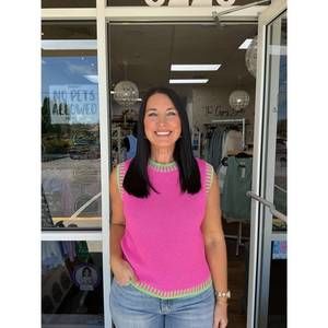 NEW BIBI trim sleeveless knit top in pink/ green